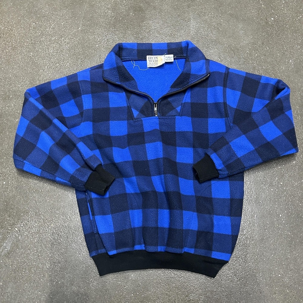 Iron Wood Trading Company Sweatshirt Mens Large Blue Plaid Quarter Zip Fleece